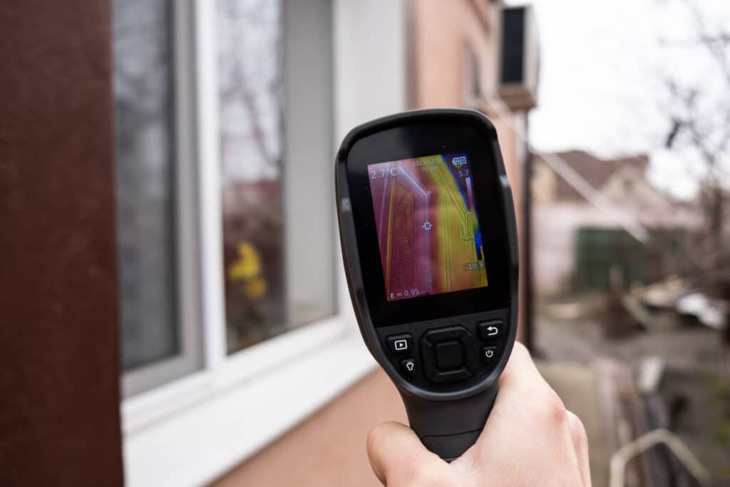 A male hand holds a thermal imager at the window of a house. Search for heat loss in private houses